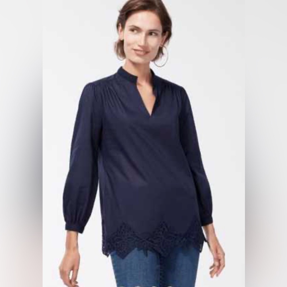 Chico’s Navy Cotton Lace Hem Boho Blouse Long Sleeve Size 10